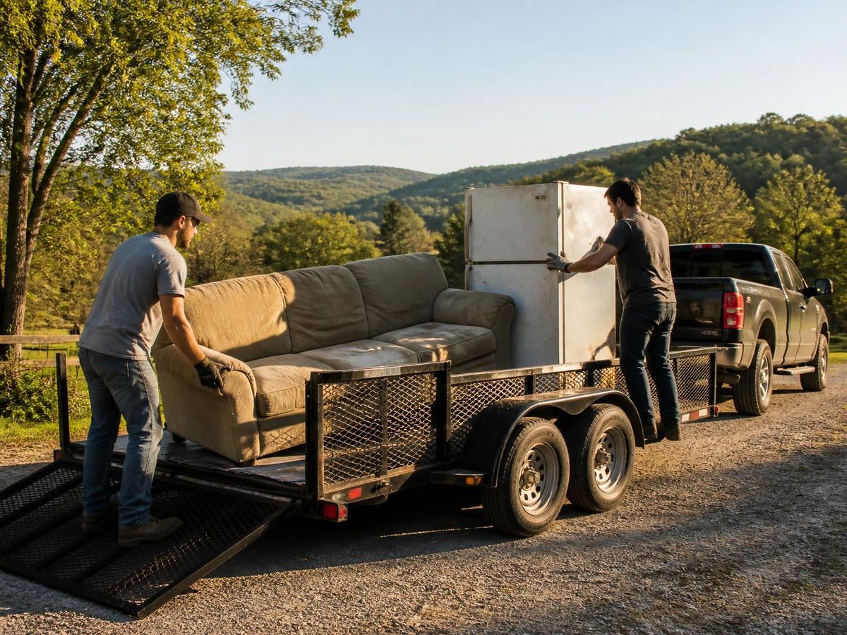 Two workers loading an old couch and refrigerator onto a utility trailer in a rural driveway