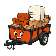 Joe's Junk Removal logo: a cartoon utility trailer loaded with furniture, boxes and an old refrigerator
